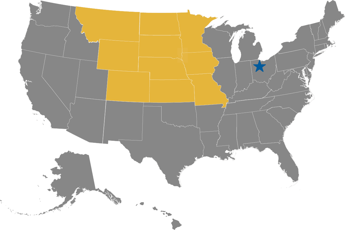 Map Showing States Covered: CO, IA, KS, MN, MO, MT, ND, NE, SD, & WY
