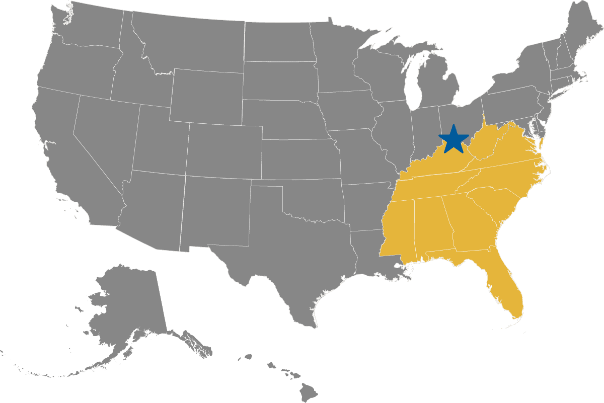 Map Showing States Covered: AL, FL, GA, KY, MS, NC, SC, TN, VA, WV