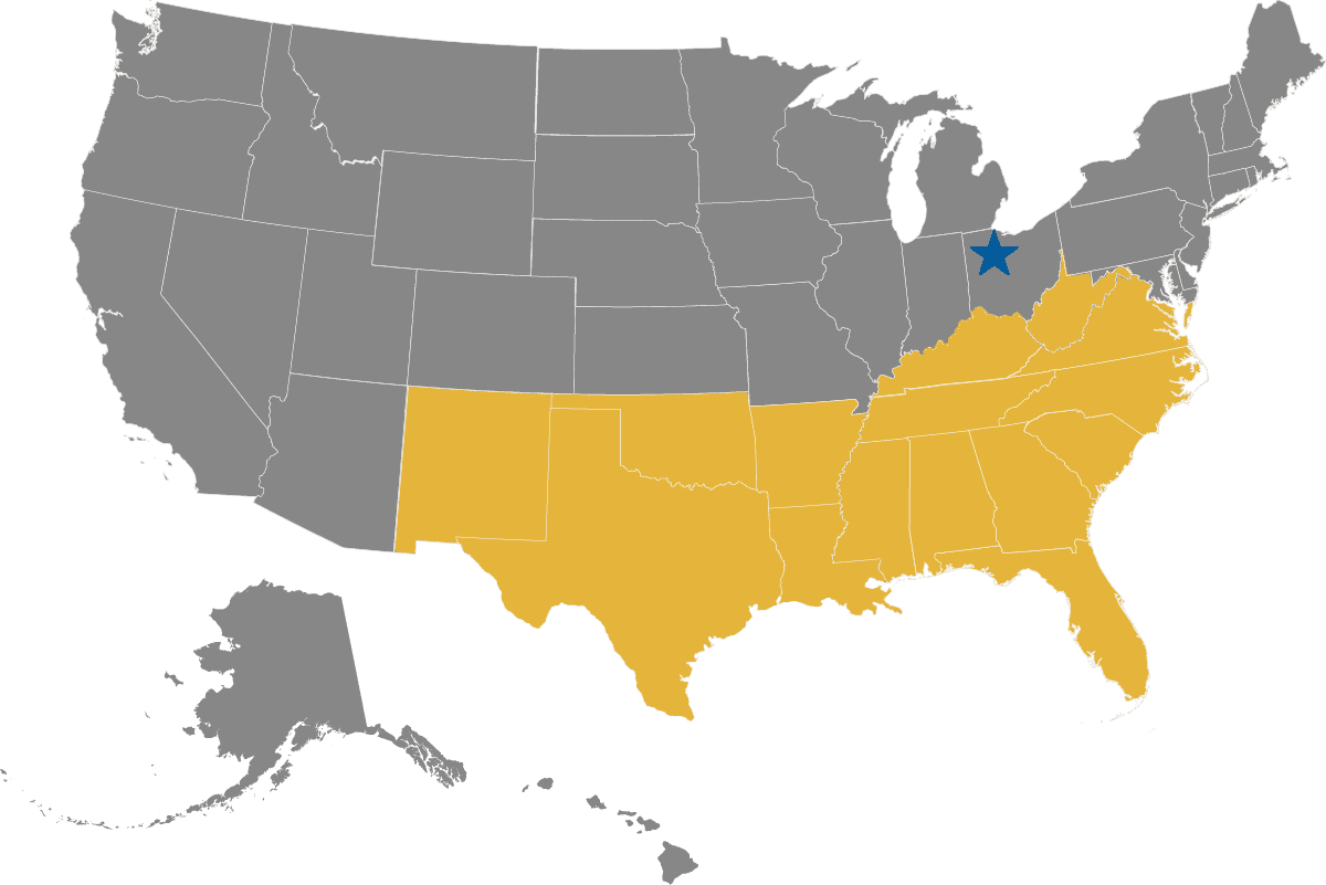 Map Showing States Covered: AL, AR, FL, GA, KY, LA, MS, NC, NM, OK, SC, TN, TX, VA, WV