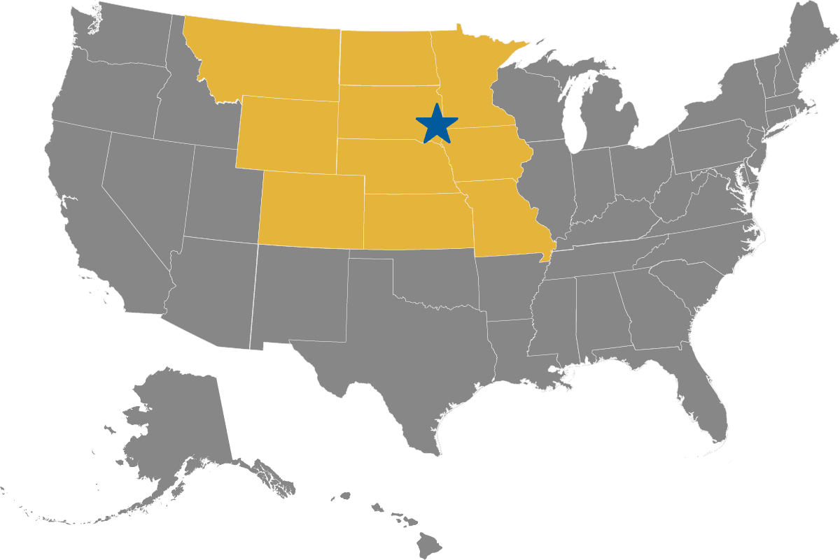 Map Showing States Covered: CO, IA, KS, MN, MO, MT, ND, NE, SD, & WY