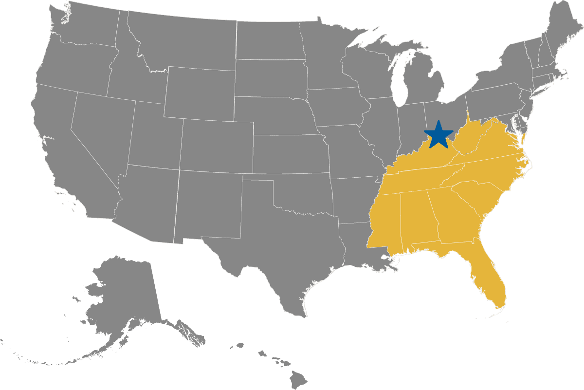 Map Showing States Covered: AL, FL, GA, KY, MS, NC, SC, TN, VA, WV